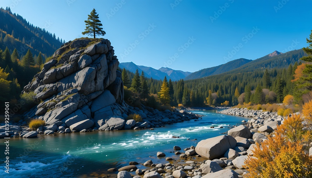 Fototapeta premium Serene mountain river flowing around a rocky outcrop crowned by a lone pine tree