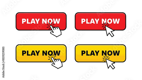 Play now buttons in red and yellow with hand cursors