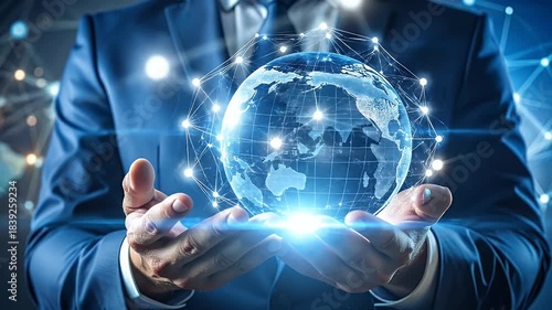 Businessman in Blue Suit Holding Digital Globe with Abstract Network and World Map Background in Blue Lighting
