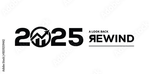 Bold black “2025 A Look Back Rewind” typography logo on white background, featuring stylized numbers and rewind text, perfect for year in review branding, recap videos, reports and presentations.