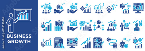 Modern icon set featuring business growth, charts, targets, and business improvement. Perfect for presentations and infographics.