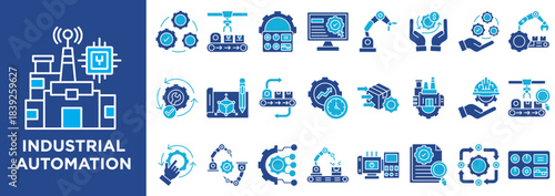 Professional industrial automation icon set showcasing robotics, smart factory, production systems, machine control, and Industry 4.0 concepts. Ideal for engineering designs, manufacturing reports