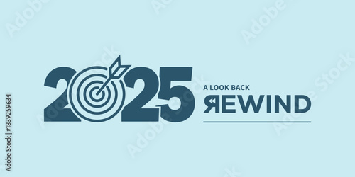 Minimal “2025 A Look Back Rewind” typography logo on light blue background, ideal for year in review video intro, recap presentation, social media highlights, podcast cover.