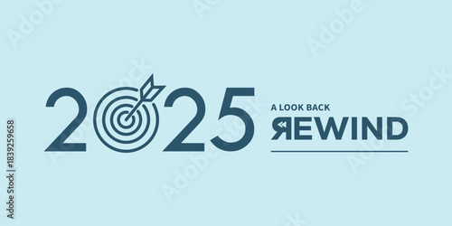 Minimal “2025 A Look Back Rewind” typography logo on light blue background, ideal for year in review video intro, recap presentation, social media highlights, podcast cover.