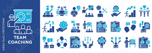 Professional icon set representing team coaching, leadership, and skill development.Ideal for training materials, company presentations, and HR project assets.Modern style for business visuals.