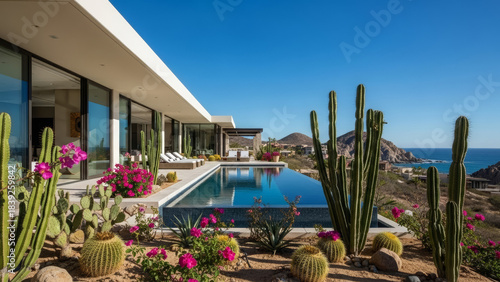 Stunning contemporary residence featuring an infinity pool and vibrant desert landscaping with ocean views