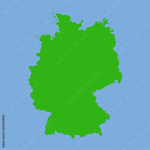Green silhouette map of Germany on a light blue background, simple flat vector style showing country shape and internal region outlines for geographic illustration.