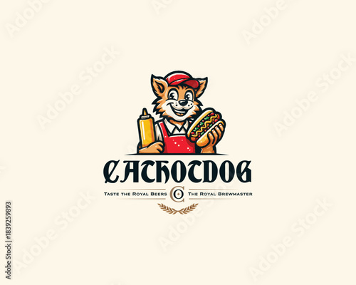 cute cat selling Hotdog sausage retro mascot logo template