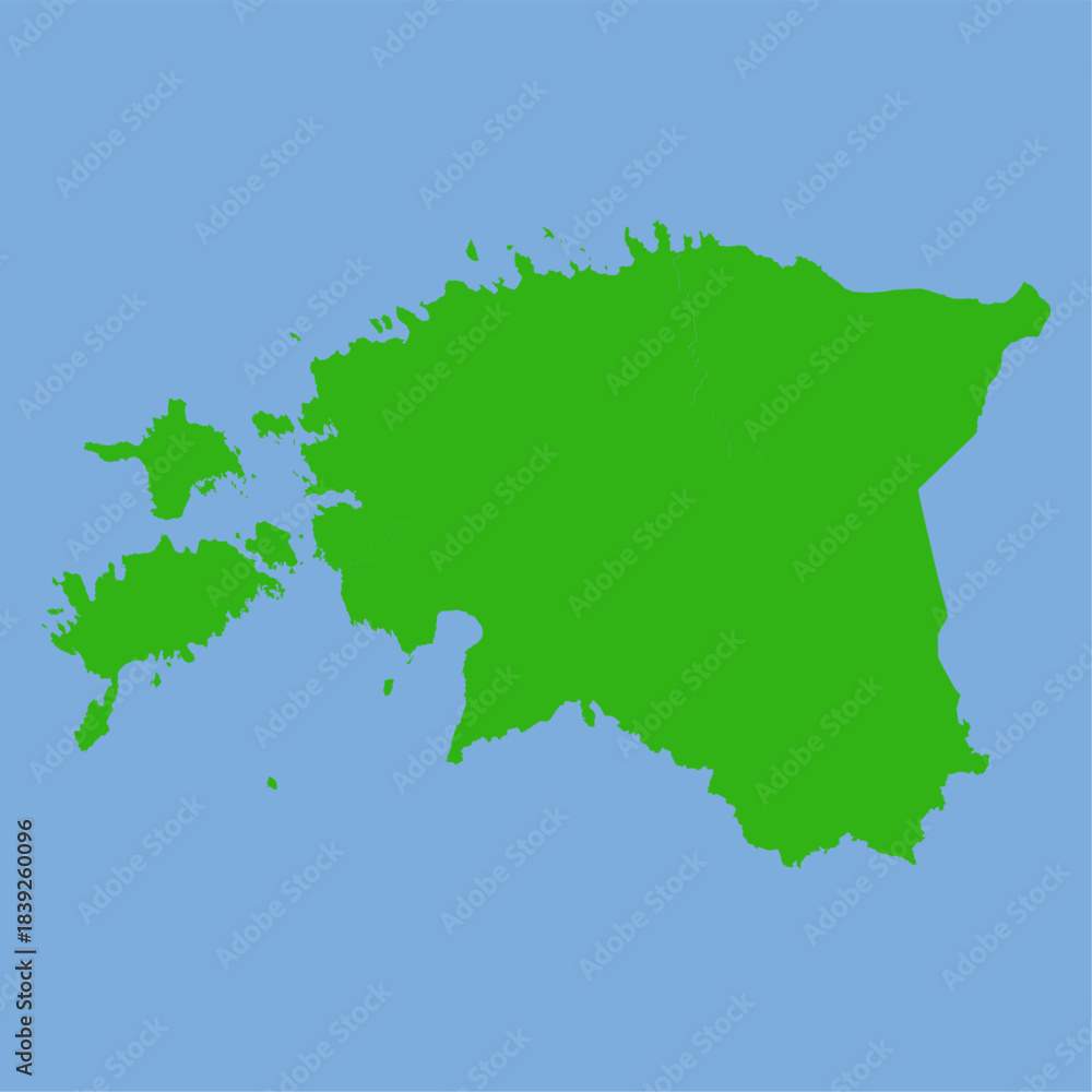 Fototapeta premium Green silhouette map of Estonia in flat vector style with its coastal shape and internal region outlines on a light background.