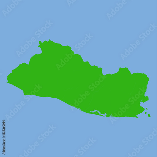 Green silhouette map of El Salvador in a simple flat vector style showing its compact country shape and region divisions on a light background.