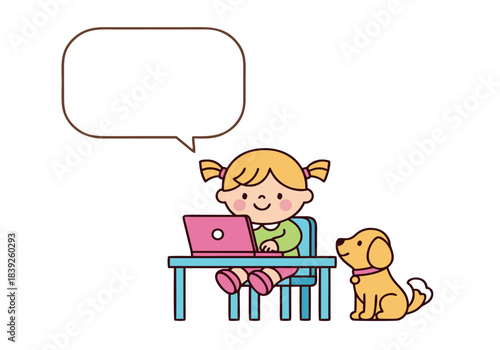A cartoon illustration of a happy girl with pigtails using a pink laptop at a desk, with her dog sitting beside her, and an empty speech bubble above.
