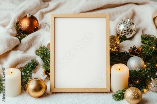 Festive Holiday Frame Mockup with Ornaments and Pine Branches
