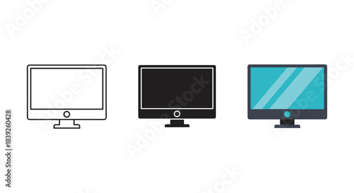 Computer monitor icon vector display screen symbol set different styles flat outline silhouette on white background