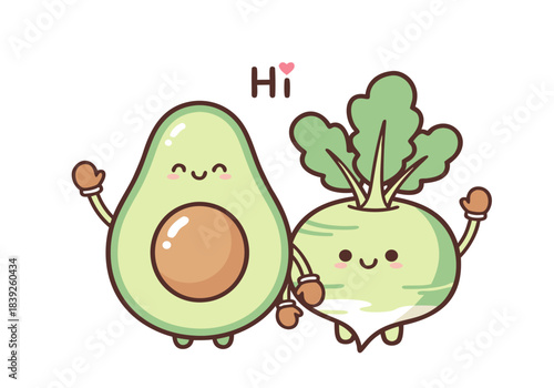 Cute cartoon avocado and kohlrabi characters waving hello with 'Hi' text on white background.