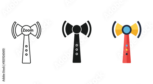 Broadcast antenna icon set showing transmission signal technology zoom symbol outline solid color vector styles.