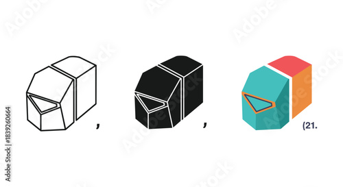 Abstract futuristic geometric shape consisting of multiple blocks shown in outline silhouette and flat color styles.