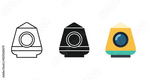 Space capsule icon set presenting spacecraft reentry module symbols in outline silhouette and flat design style.