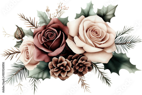 Watercolor winter flowers, brown and beige Christmas bouquet, neutral floral illustration, generative AI