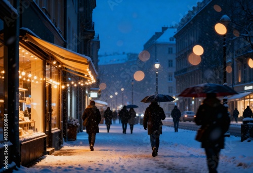 Snowy evening city street with pedestrians under umbrellas and warm shop lights, blue hour