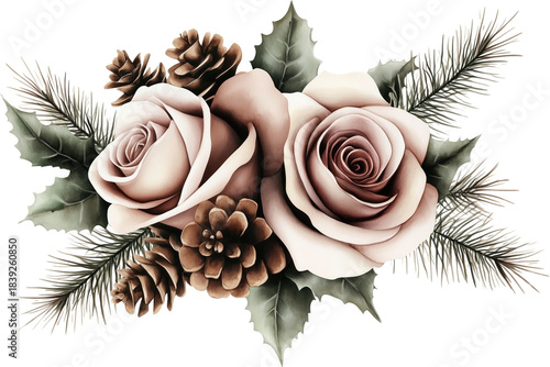 Watercolor winter flowers, brown and beige Christmas bouquet, neutral floral illustration, generative AI