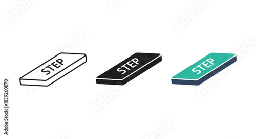 Step isometric block icon showing three versions line silhouette and colored flat design symbol