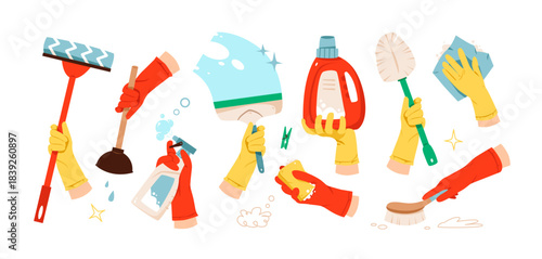 Hands Holding Cleaning Supplies and Tools. Gloved hands holding various cleaning tools like mop, plunger, sponge, brush, and spray bottles. Cleaning concept.