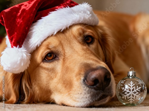 Golden retriever in Santa hat lying with Christmas bauble, cozy holiday portrait