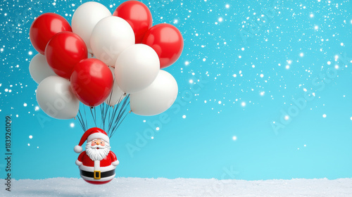 Christmas Santa figurine floats with red and white balloon in snowy winter scene with blue sky and festive atmosphere