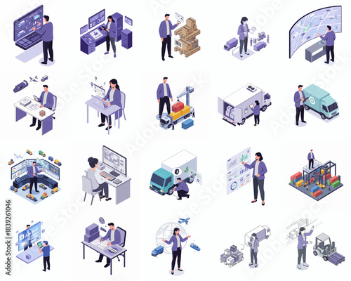 Isometric Detailed People Working Transport Logistics and Delivery Process Illustration Set