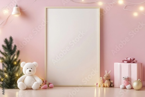 Blank Holiday Poster with Fairy Lights and Plush Toys – Festive Kids’ Interior Mockup