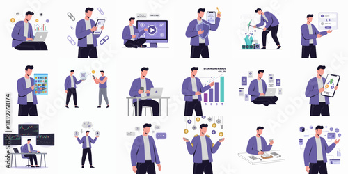 Flat Illustration Diverse Man Character Working with Technology Set of Scenes