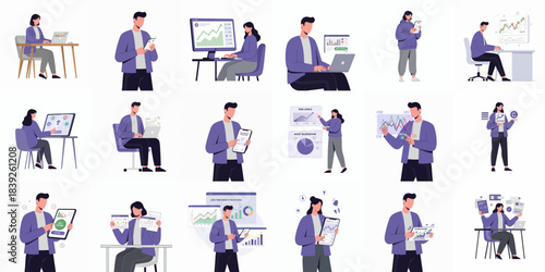 Flat Illustration Style of Business People Analyzing Chart and Data Set