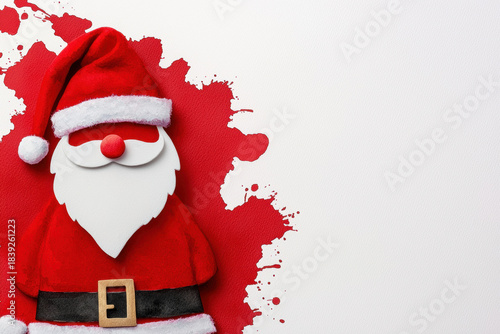 Santa Claus figure with red hat and white beard on red paint splash background, festive christmas decoration with copy space