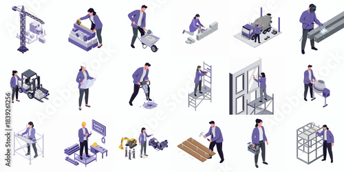 Isometric Detailed Construction Worker and Machinery Illustration on White Background
