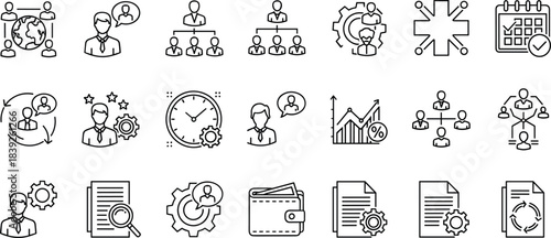 Essential Business Management and Organizational Structure Line Icons Set Featuring Teamwork, Human Resources, Financial Planning, Documentation, and Project Administration for Corporate Success.