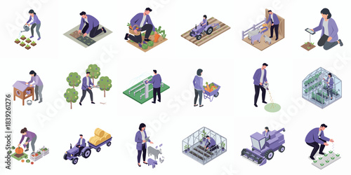 Isometric Detailed Farming Activity Process Icons Collection for Agricultural Concept