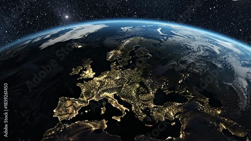 An orbital view of Earth at night focused on the illuminated continent of Europe against the vast star-filled expanse of space