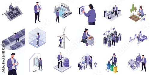 Isometric Illustration Set: Diverse Industry Scenarios with People and Sustainable Practices Icon
