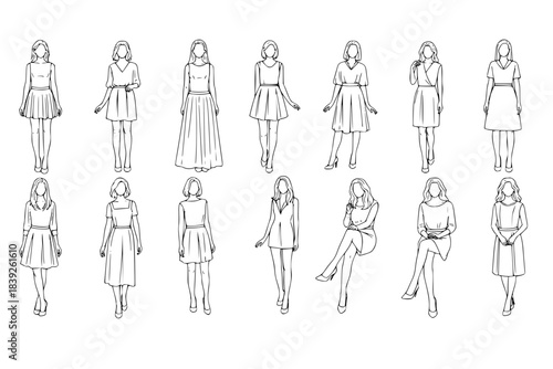 Women in view, frontal view, standing and sitting, CAD style vector drawing with no background.
