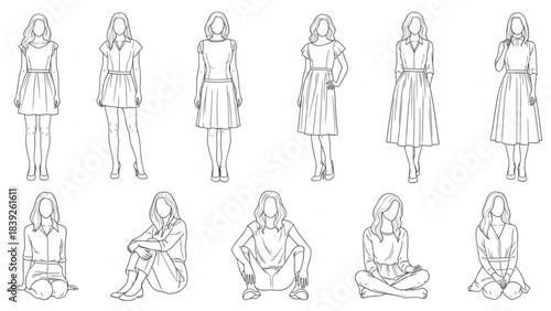 Women in view, frontal view, standing and sitting, CAD style vector drawing with no background.
