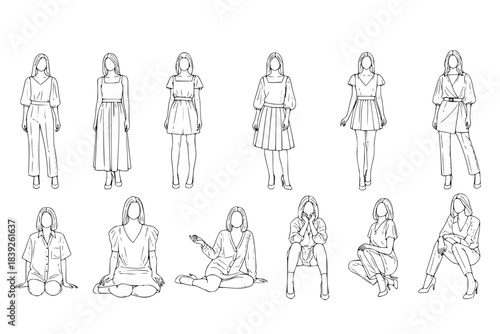 Women in view, frontal view, standing and sitting, CAD style vector drawing with no background.
