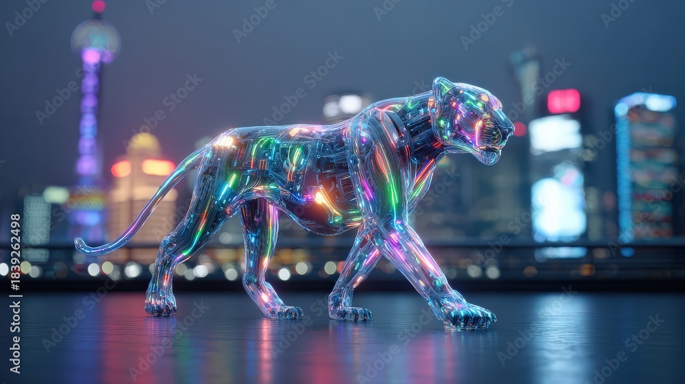 Obraz premium A futuristic, illuminated panther walks against a vibrant city skyline, showcasing a blend of technology and nature.