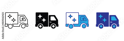 A series of delivery truck icons are presented in varying styles including outline solid flat and blue designs high quality
