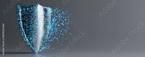 A digital shield composed of binary code, symbolizing cybersecurity and data protection, with particles dispersing, representing vulnerability in the digital world.