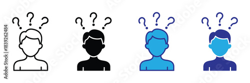 Four stylized human head icons with question marks above them showcasing variations in color and shading styles high quality professional