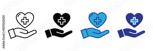 Four variations of a hand cradling a heart with a medical cross symbol inside depicted in different colors high quality