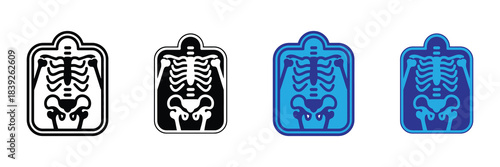 Four variations of a human skeletal x ray icon are displayed showing differing color schemes and backgrounds high quality professional detailed