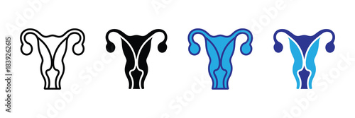 Illustration of a female uterus in four different color variations including black white and shades of blue depicted as a