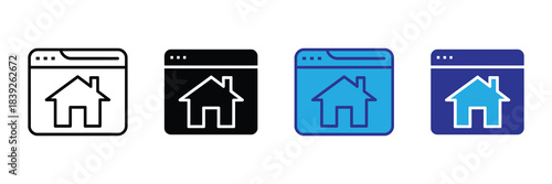 Four distinct variations of a house icon displayed within a mobile interface outline showcasing color and style differences high quality