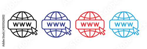 Representations of a globe with the www prefix and a pointer arrow showing different color variations visually high quality professional